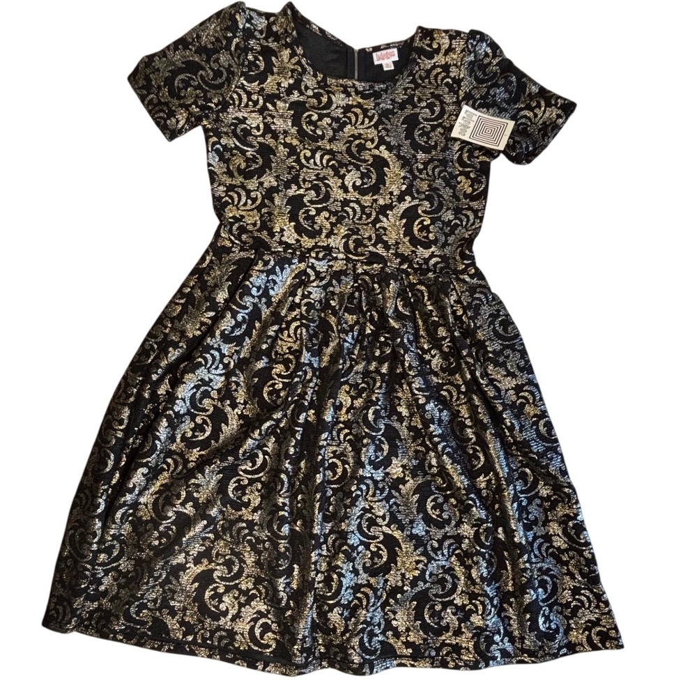 LuLaRoe Womens Amelia Dress Size XL Elegant Black Damask Gold Silver Foil NWT